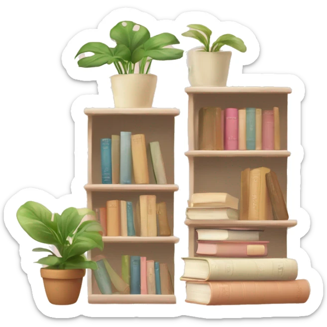 A cute book shelf with a potted pothos plant, and some cute others plants and a pile of books that are beige, cream and baby pink sticker