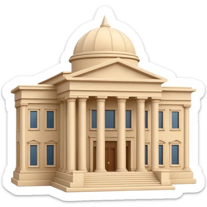 Minimal 3D emoji style government ministry building, classical architecture with columns and triangular roof, official state institution, neutral beige stone, clean shading, financial institution icon, isolated on transparent background, professional, no flags, no text sticker