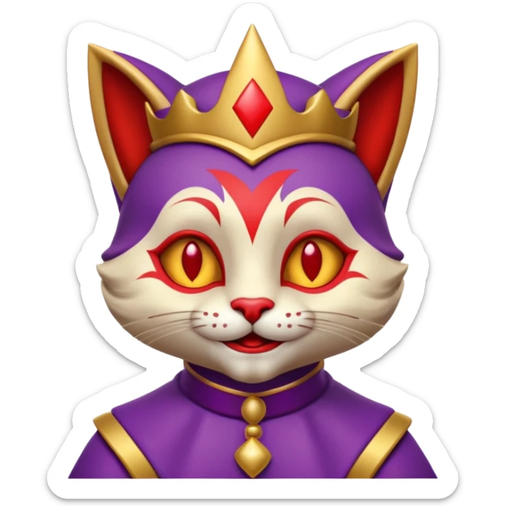 crazy colorful cute little cat jolly joker from poker, medieval, vintage, court jester, mac os icon, purple, gold and red color, half body. Squared shape as 3D mac os icon, skeuomorphic sticker