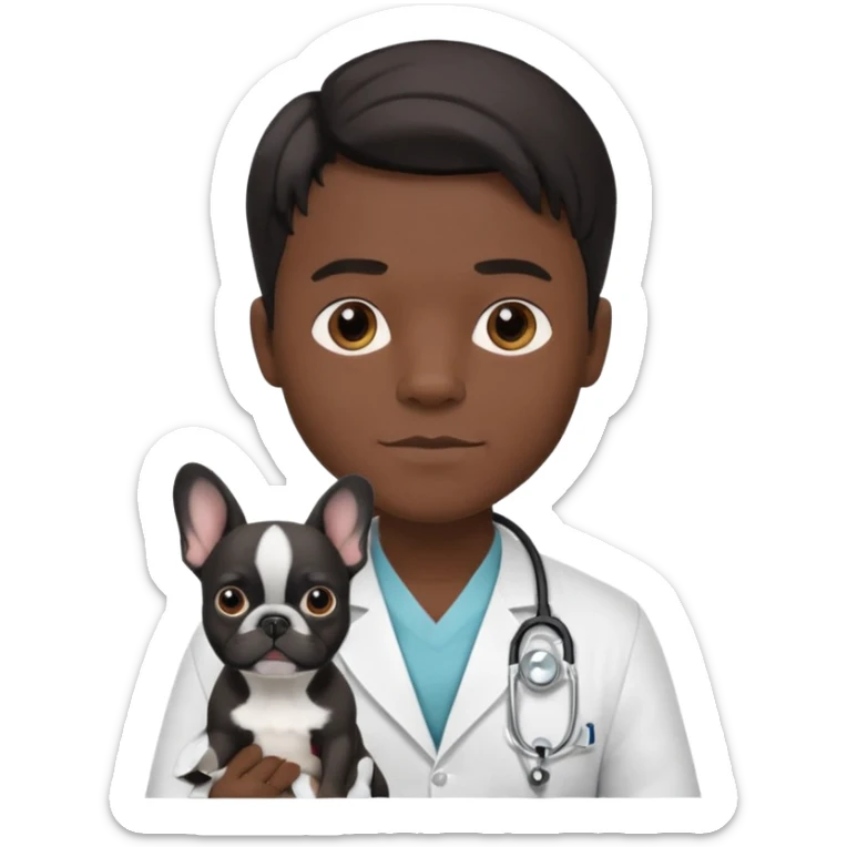 joven médico con el pelo un poco largo pero no tanto y lacio, que tenga un estetoscopio de color de piel tez negra calida !!! que sostiene un bulldog francés blanco y negro  sticker