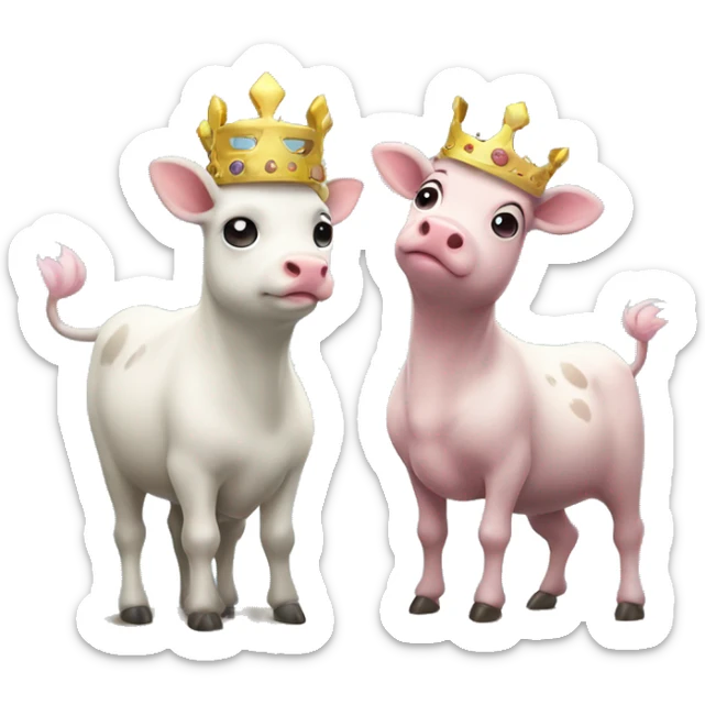 a galarian corsola and a cow each wearing crowns atop a pedestal while looking content with each other sticker