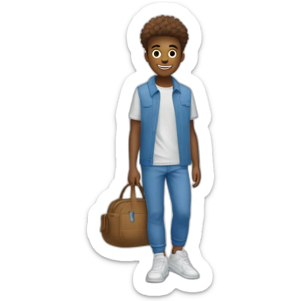 Jongen met wite nike beche broek wit t shirt blauwe jas open en bruin haar blauwe ogen het haar zin een beetje in een kuif maar dan zonder gel sticker