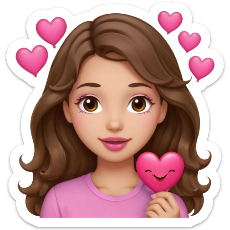 girl with long wavy brown hair, brown eyes, light to medium complexion, in a pink shirt, pink lips, long lashes, puckering lips kissing, blushing with hearts sticker