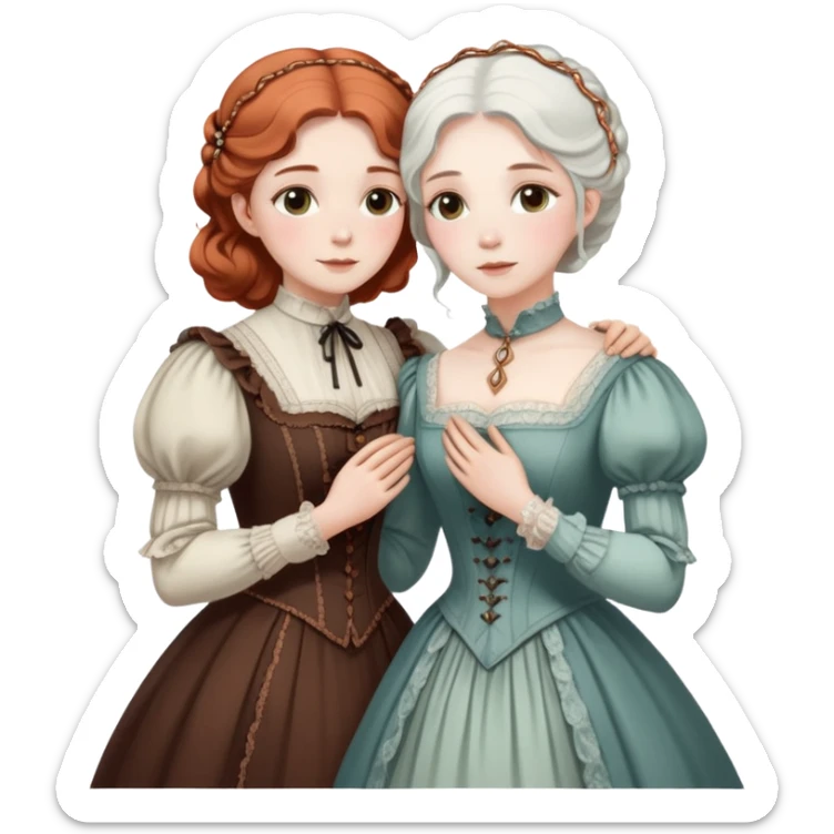 Two modest Victorian women hugging, one with white hair and one with copper hair, wearing Victorian era dresses sticker