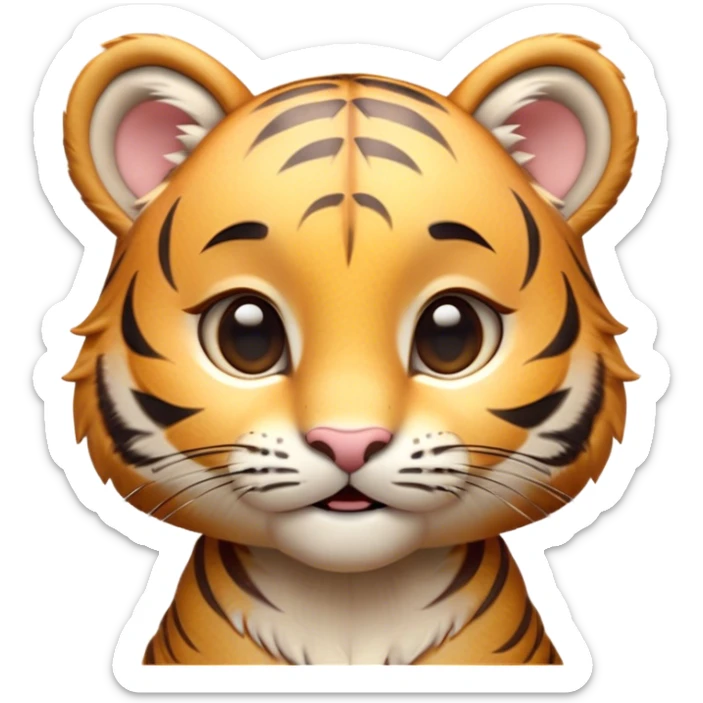 Cinematic Cute Tiger Cub Portrait Emoji, Head tilted playfully and inquisitively, with an adorably compact form accented by subtle stripes and round, sparkling eyes full of wonder, Simplified yet irresistibly adorable features, highly detailed, glowing with a warm, inviting wild glow, high shine, affectionate and lively, stylized with a touch of whimsical feline cuteness, soft glowing outline, capturing the essence of a mischievous yet loving tiger cub that seems as if it could leap out of the screen into your arms! sticker