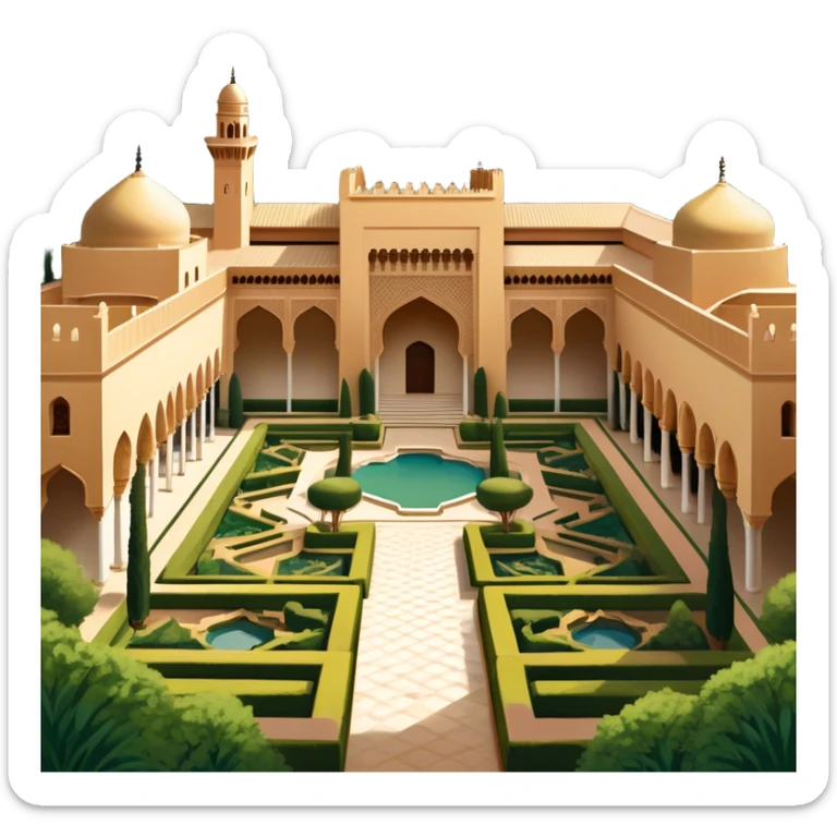 ​Cinematic Realistic Alhambra, depicted as a panoramic, zoomed-out view of the entire majestic Moorish palace complex with intricate arches, expansive courtyards, and lush gardens stretching into the distance, bathed in soft golden light that accentuates its opulent historical grandeur, sticker