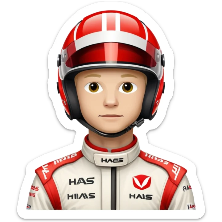 Kevin Magnussen, Formula 1 driver for Haas team, wearing white and red Haas racing suit and helmet sticker