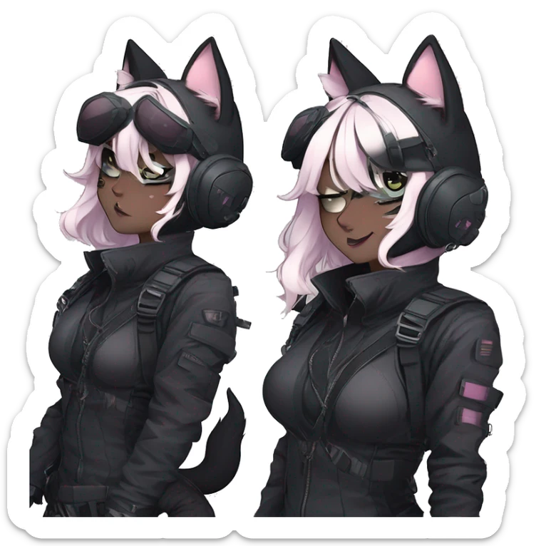 Gorgeous furry dark cyberpunk techwear anime style anthro black cat fursona with blushing face aesthetic and pretty edgy black with collar and harness trending style sticker