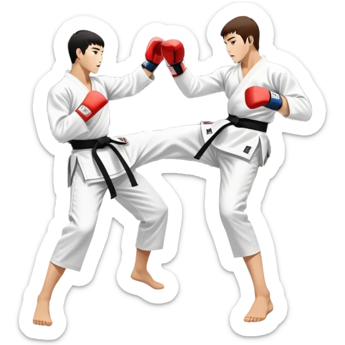 Two taekwondo fighters in traditional white doboks with black belts compete in a dynamic match. One delivers a high kick, while the other blocks using their knee. The background features a professional arena with bright lights and spectators. Transparent background. sticker