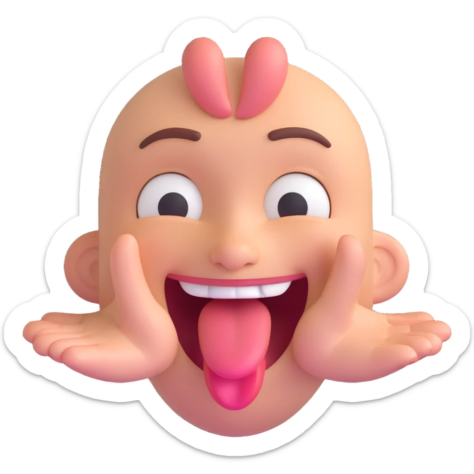 happy face with tongue out, hands sideways on both sides of the face sticker