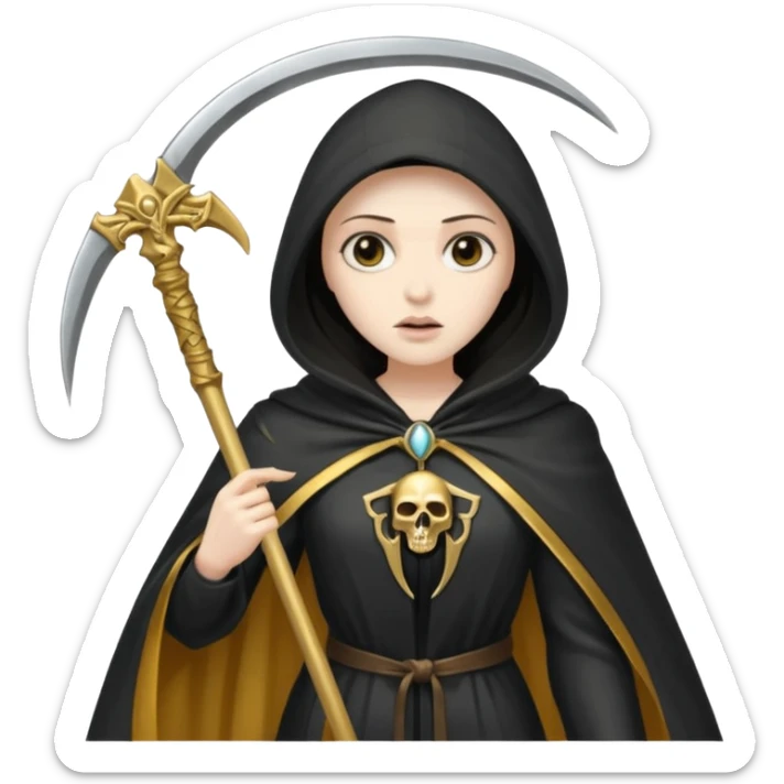 woman grim reaper in a gold cloak with scythe sticker
