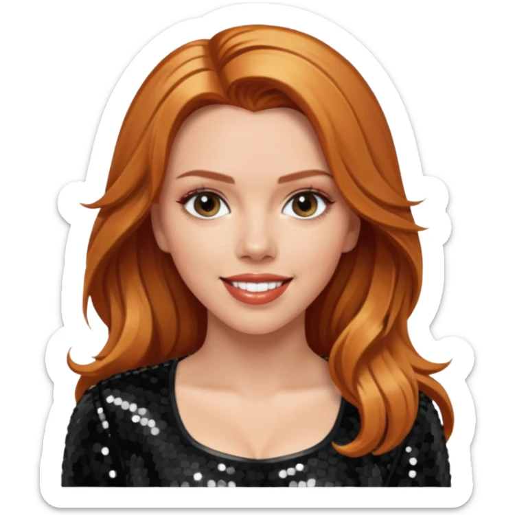 Scarlett Johansson with long reddish blonde hair, black sequin outfit sticker