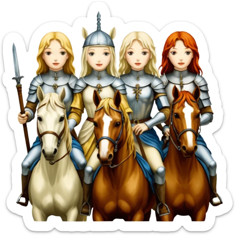 aesthetic brilliant radiant divine lighting, oil paint - ivory Four thin women as horsemen of the Apocalypse, after a graphic by Albrecht Dürer sticker