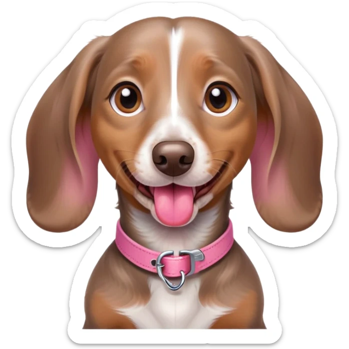 a brown grey and white dapple mini dachshund with her tongue out and a pink collar sticker