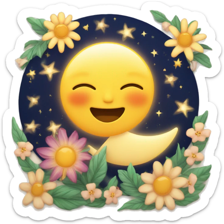 Sun and crescent moon kissing with stars and flowers around sticker