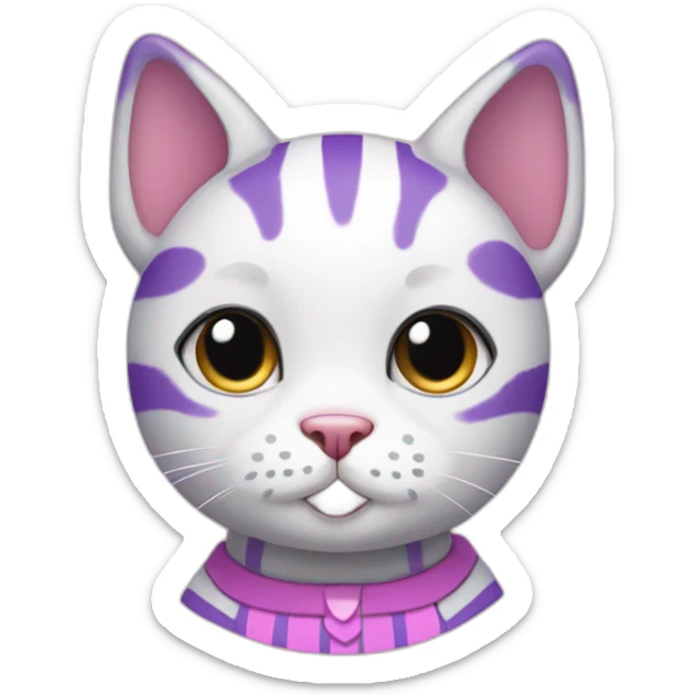 a white derpy cat with black hair on its head and pink and purple striped shirt and medium circle-shaped ears sticker