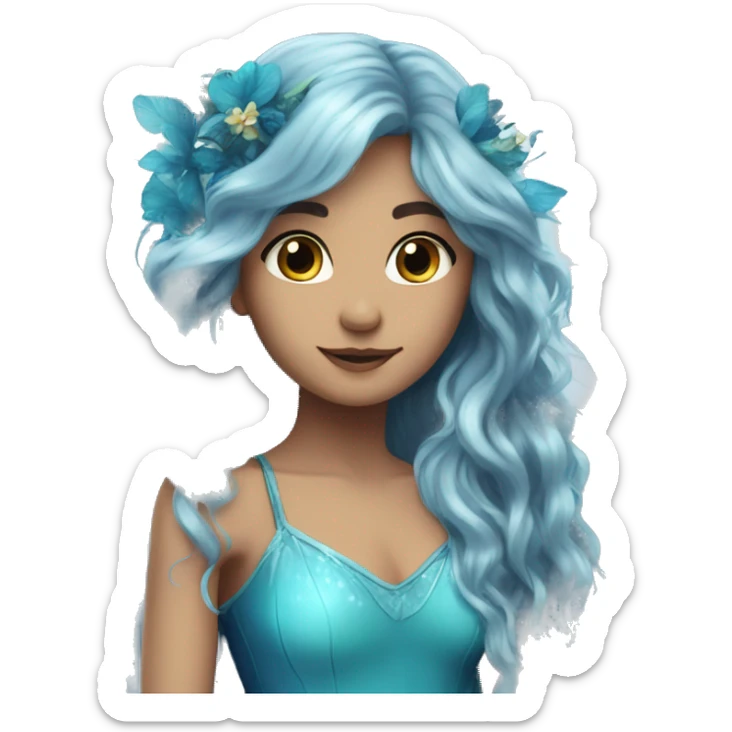 Beautiful, flower, fairy, blue, turqoise, silver, navy, long hair, big wings sticker