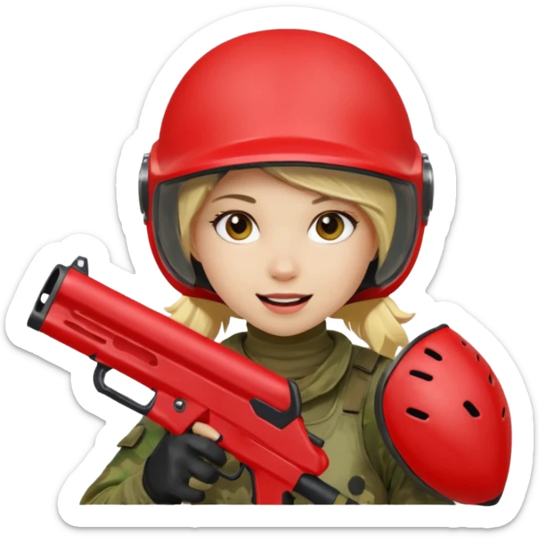 blond girl playing paintball with red paintball helmet, only face sticker