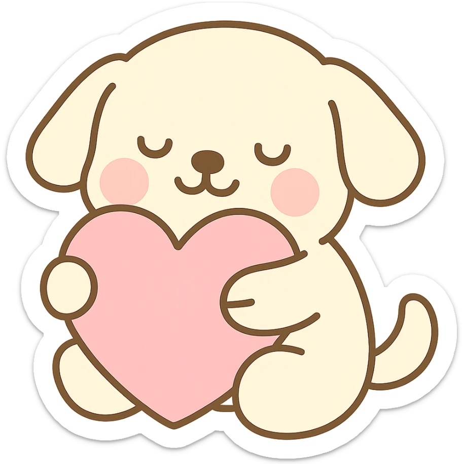 A cute white cream retriever hugging a pretty pink heart pillow with eyes closed happily and smiling, no background, cute style. sticker