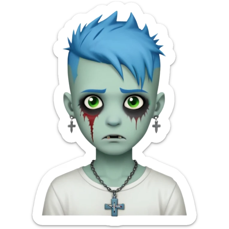 zombie boy with spiky emo blue hair and white shirt , tattos, a risk on the eyebrow, earings,  a necklace with a cross, green skin emoji  sticker