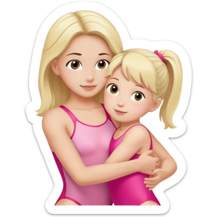 brunette trainer hugs a blonde child in a pink leotard ою в рожевому трико  sticker