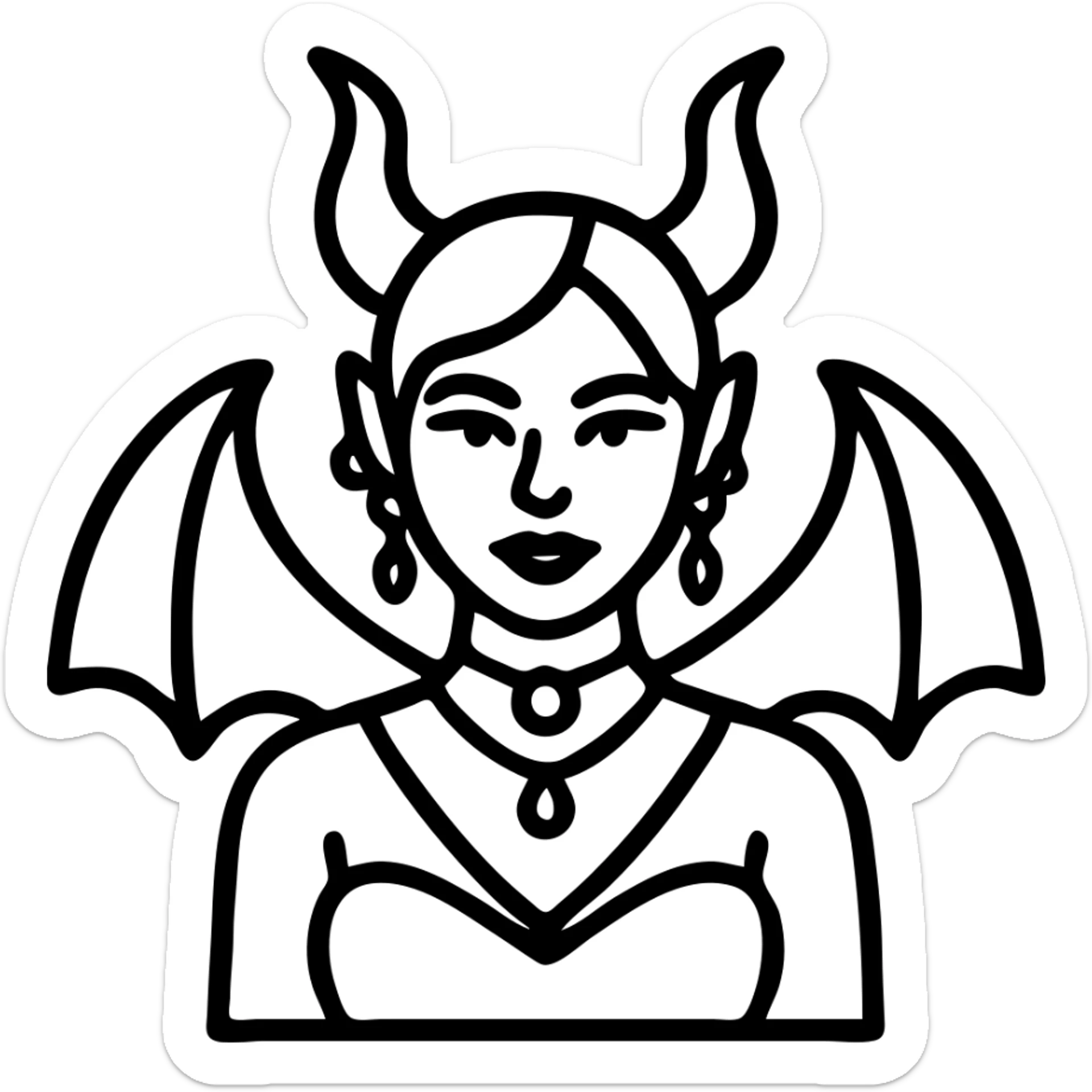 stylized icon of a light-skinned goddess with short black hair with red streaks, Maleficent horns, bat wings, black dress, red jewelry, blue eyes, dramatic eyeliner, black lipstick, multiple silver facial and ear piercings sticker