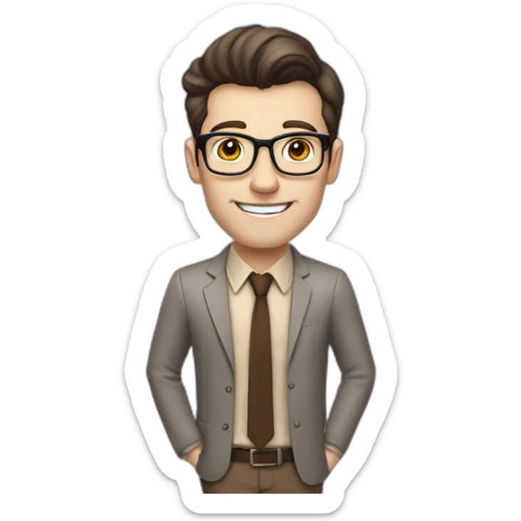 Pale skinned fit man with dark brown hair in gray jacket, beige office shirt, brown tie, brown pants and vintage glasses Writing on the flipchart sticker