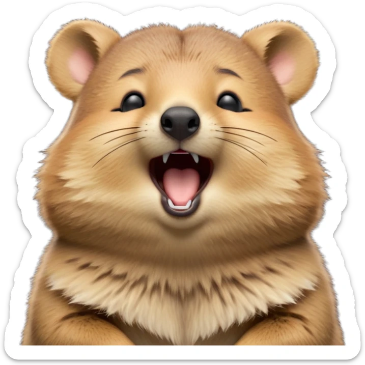 cinematic-realistic  yawning quokka-emoji,-small-round-frame, head tilted in an endearing manner, wouth wide open yawning, sleepy comical smile, fluffy cheeks, giant-fluffy-cheeks-large-smile-fluffy-brown-fur-radiating-a-warm-softness,-big-round-eyes-filled-with-joy, realistic round  fluffy zoomed in, large black eyes one paw raised in the air sticker