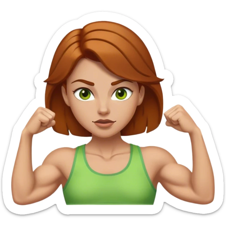 make a white girl with brownish gingerish hair and dark brown eyebrows and green ish yellowish eyes and thin lips flexing her small muscles  sticker