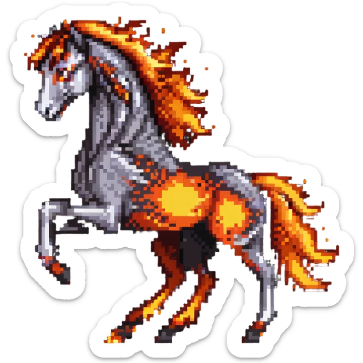 A fast-running fire horse made of embers, magma, and visible lava, with burning mane and ash particles sticker