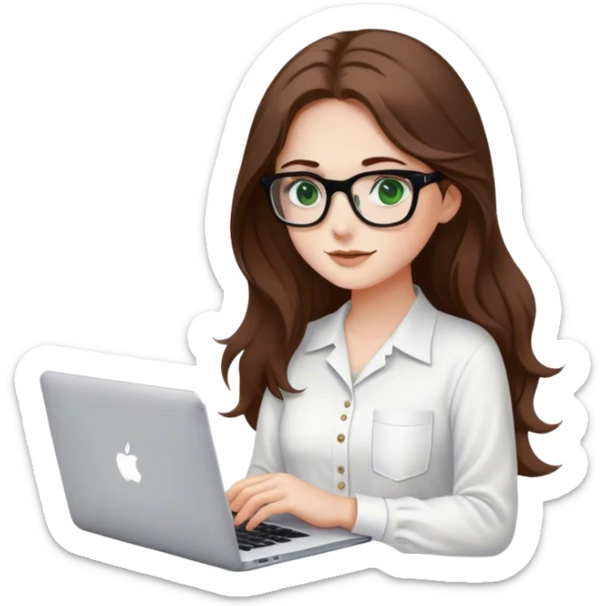 chica de ojos verdes con pelo marrón largo y algo ondulado, usando una camisa blanca y unos anteojos para leer con marco negro, mientras sostiene una macbook y tiene un café sticker