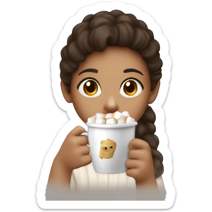 A New Year's cup with coffee and marshmallows in the hand of a light-skinned girl with dark brown hair in a white fluffy sweater sticker