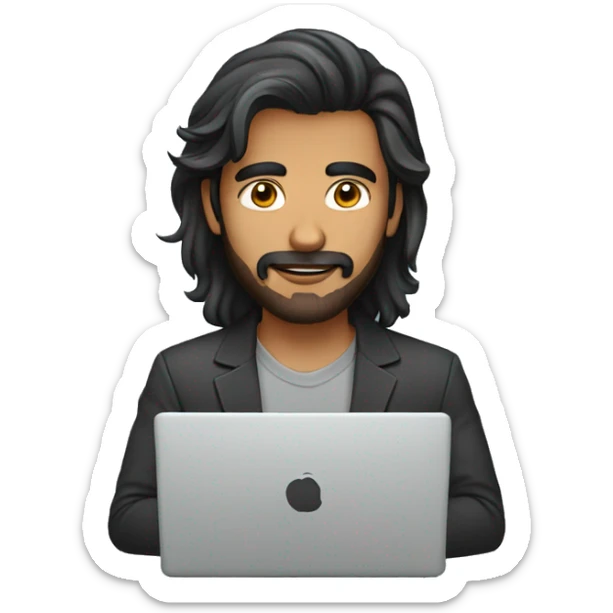 indian guy long hair facial hair working in laptop sticker