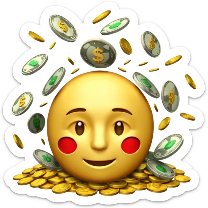 3D glossy money emoji, cracked head, coins and bills burst upward, perfect loop, centered, chroma green background sticker