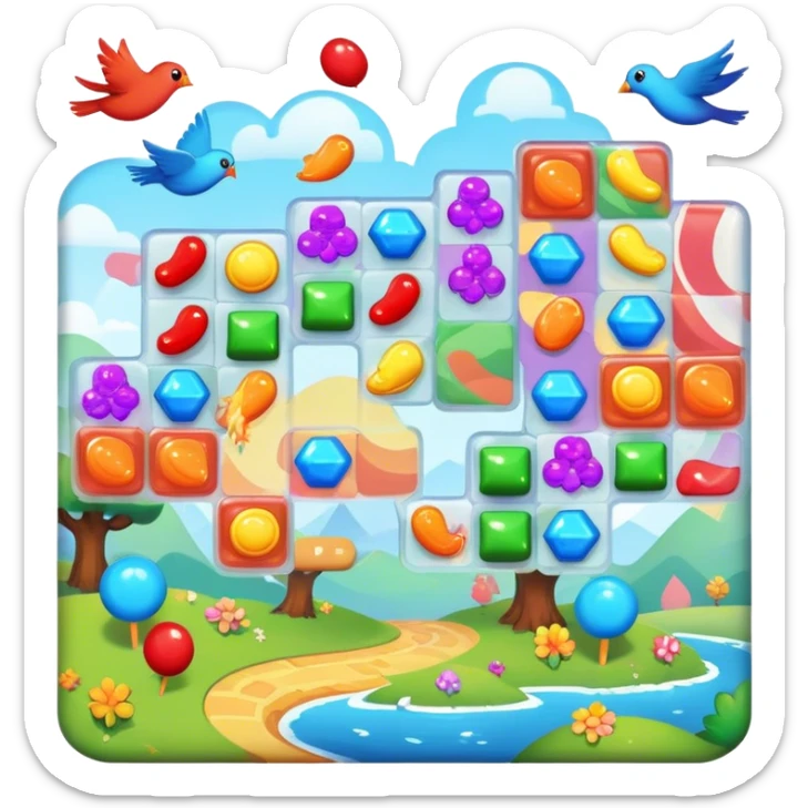 An icon representing a casual game, inspired by titles like Candy Crush. The design features colorful puzzle pieces, bouncing birds, and characters running through dynamic landscapes. Vibrant HUD elements like scores and power-ups highlight the playful. Transparent background sticker