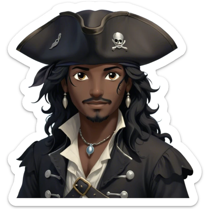 A charismatic pirate with wavy black hair that falls just past his shoulders, tousled slightly by the sea breeze. He wears a black tricorn hat with subtle silver embroidery along the edges, casting a shadow over his sharp, confident features. His piercing dark eyes glint with mischief as he gazes to the side, a knowing smile playing at his lips. His well-fitted black coat, adorned with polished silver buttons and intricate stitching, moves slightly with the wind, revealing glimpses of a deep-crimson waistcoat underneath. A silver chain dangles from his belt, catching the dim golden light of the setting sun. His posture is relaxed yet assured, exuding effortless charm as if he owns the sea itself. sticker