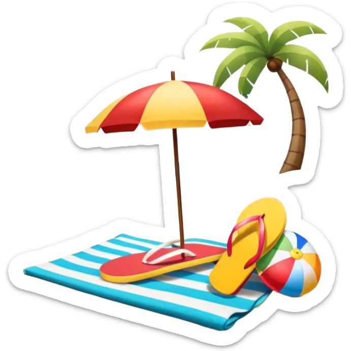 Icon for Beach Tourism: a sandy beach with a beach umbrella, with the ocean landscape in the background, flip-flops, a towel and a beach ball. The icon should capture the relaxation and fun of beach vacations. Transparent background. sticker