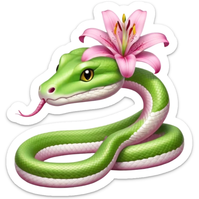 A cute light green and white snake with a pink lily flower on its head. sticker