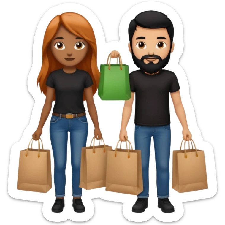 Chica con cabello cobrizo largo y chico con cabello y barba negra los dos vestidos de jeans y camiseta negra con bolsas de compras  sticker