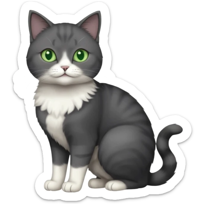 full body view of beautiful female solid dark grey cat with green eyes, white toes and white patch on chest sticker