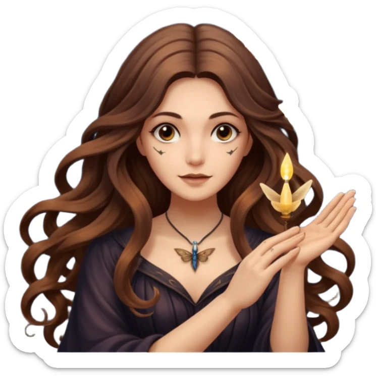 night witch woman long wavy brown hair tattoos spinning moth from fingers sticker
