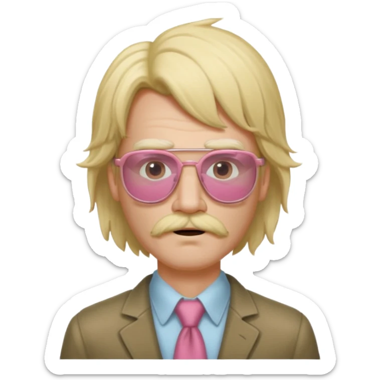 slender man character inspired by Boomganza, wearing rose-colored glasses with no lenses, frizzed out blonde wig like Joe Dirt, scruffy thin beard and mustache sticker