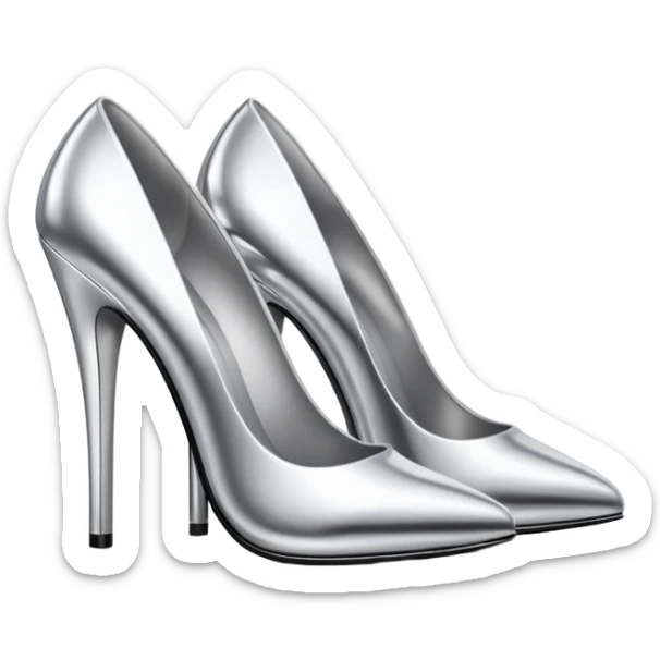 A pair of high heel shoes emoji made of polished silver chrome, elegant sharp silhouette, smooth metallic surface, glossy reflections, luxury sexy vibe, minimalistic iOS emoji style, centered, clean white background sticker