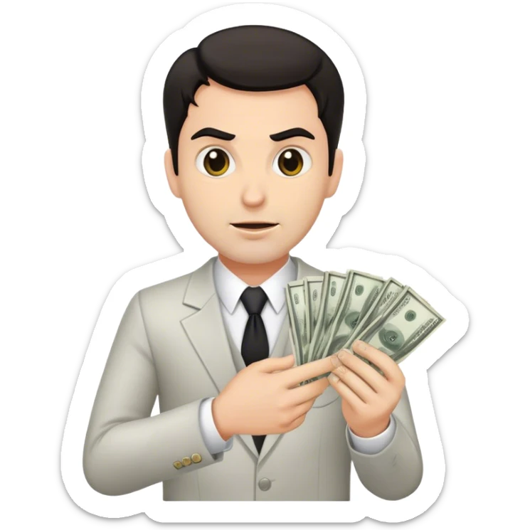 male white realtor hang money in hand, evil, dark hair sticker