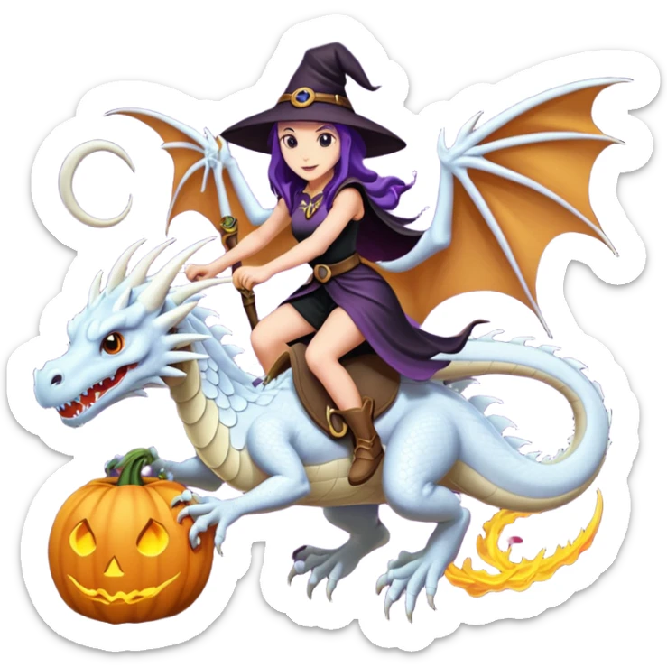 Large white dragon flying with a witchy female rider on top of it sticker