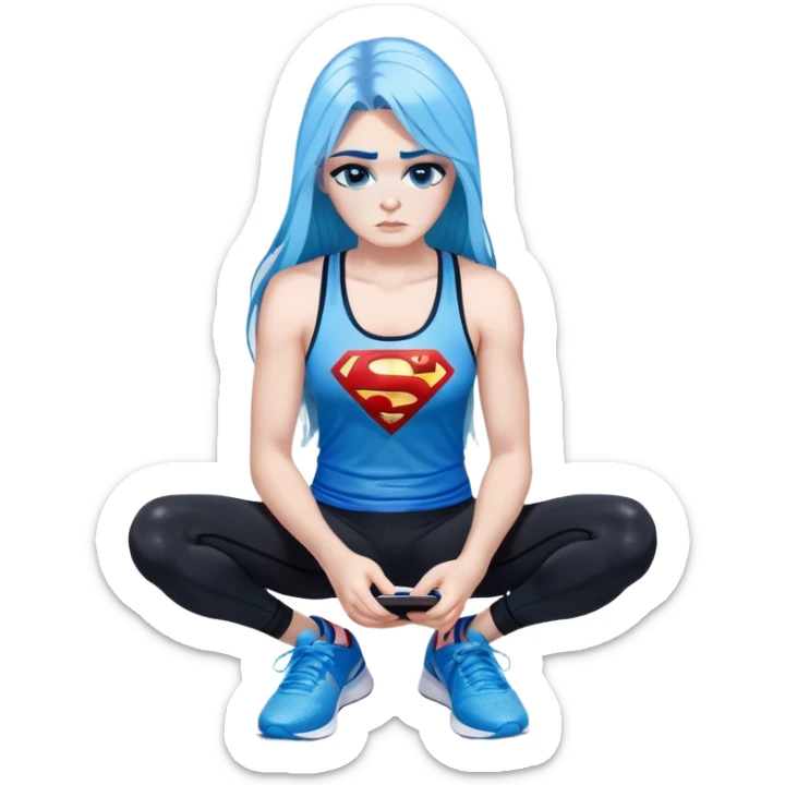 Shameful disappointed crying-very very very very big chest-texting on a samsung cell phone-very long straight flowing black to sky blue hair ombre-blue eyes-black eyeliner-long eyelashes-plastic sparkling sky blue very low cut tank top with sparkling superman logo-black leggings-nike sneakers sticker