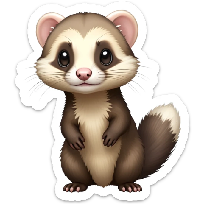 cinematic-[ferret]-realistic-full- long slender body-sitting-emoji,-tiny-paws-tucked-close,-head-tilted-dramatically,-fluffy-[sable]-fur,-simplified-yet-realistic-focused-features,-highly-detailed,-glowing-with-an-almost-sarcastic-glow sticker