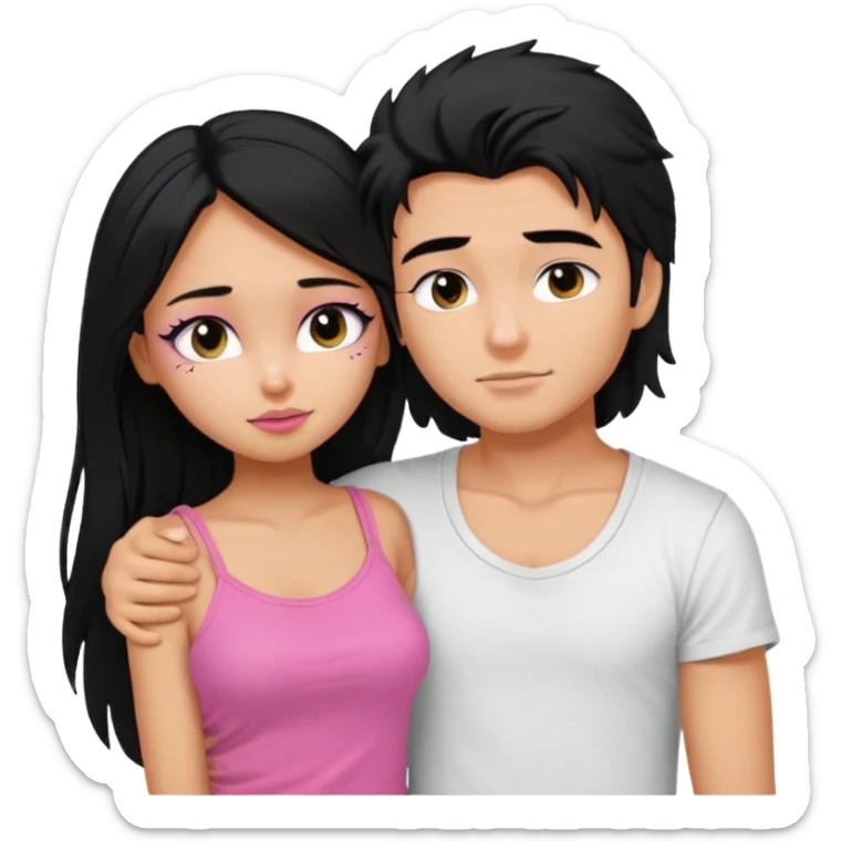 generate a pretty tan bratz boy with messy black hair wearing a white tshirt. Hugging a fair girl with long black hair, eyeliner, wearing a pink cami.  sticker