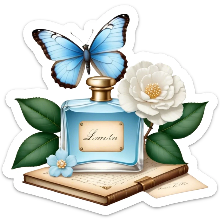 A nostalgic composition of an antique perfume bottle with a crystal stopper, an old love letter, and a single pale blue butterfly resting atop a white camellia.
 sticker