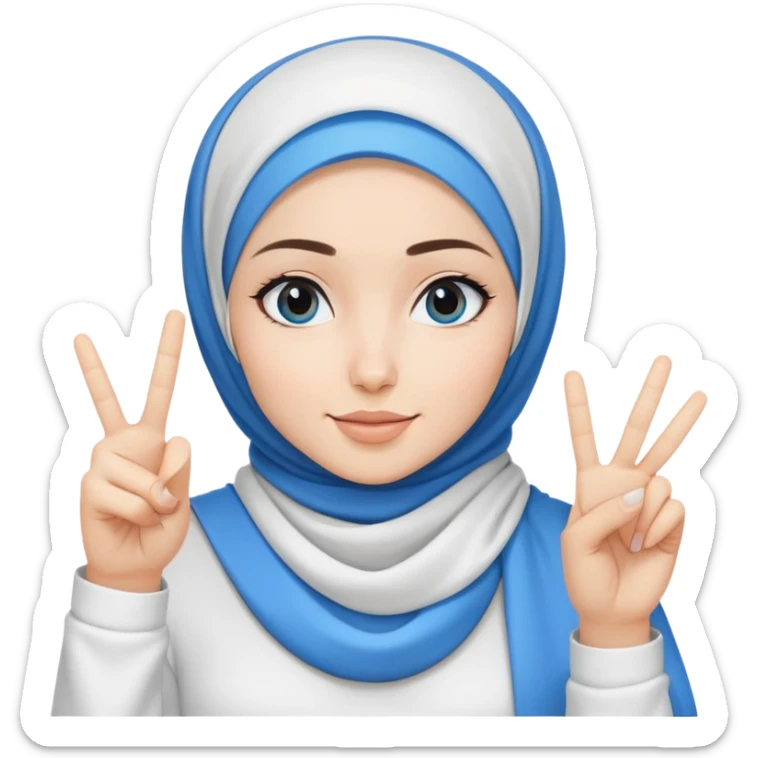 White hijab girl wearing white tshirt and blue black hijab doing peace sign sticker